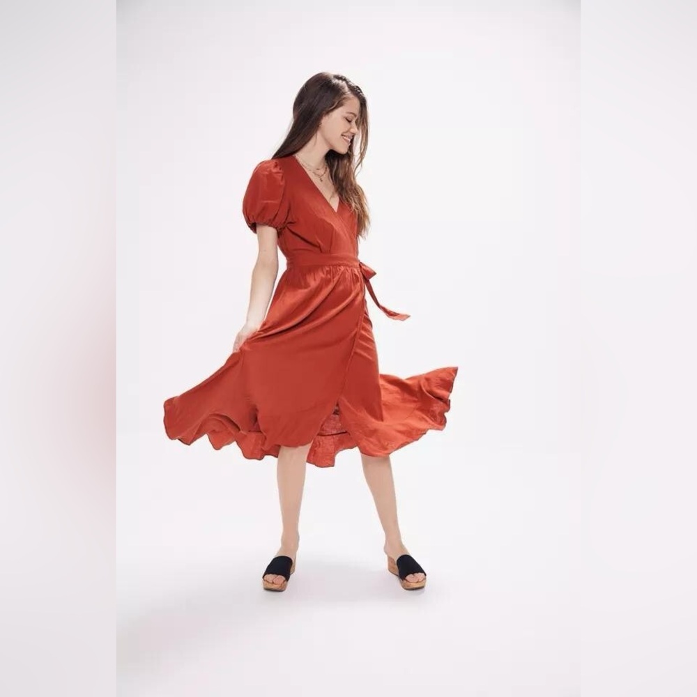 Miami Burnt Orange / Red Ruffled Tie Front Wrap High Low Elegant Midi Dress